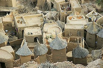 A Dogon village in Mali, with walls made in the wattle and daub method, unknown architect, unknown date