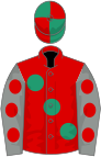 Red, large emerald green spots, grey sleeves, red spots, emerald green and red quartered cap