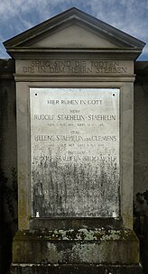 Rudolf Stähelin-Stockmeyer (1841–1900), Professor der Theologie, Rektor an der Universität. Grab auf dem Friedhof Wolfgottesacker, Basel. Familiengrab: Stähelin-Clemens-Stockmayer-Kracht-Kober-Pfeifer-Schwabe-Jucker.
