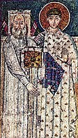 Ο Άγιος Δημήτριος με έναν διάκονο σε ψηφιδωτό του 7ου αιώνα στον ομώνυμο ναό Θεσσαλονίκης.