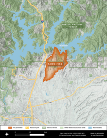 The footprint of the Fawn Fire, north of Redding and south of Lake Shasta