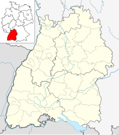 Mapa konturowa Badenii-Wirtembergii, na dole znajduje się punkt z opisem „Kościół św. Piotra i Pawła w Niederzell”