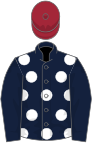 Dark blue, white spots on body, maroon cap