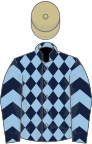 Dark blue and light blue diamonds, light blue and dark blue chevrons on sleeves, beige cap