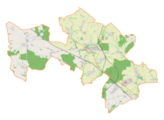 Mapa konturowa gminy Toszek, na dole nieco na prawo znajduje się punkt z opisem „Parafiaśw. Marcina Biskupa w Paczynie”