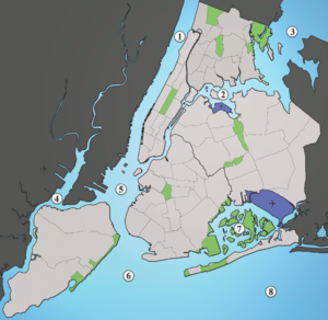 1: Hudson River, 2: East River, 3: Long Island Sound, 4: Newark Bay, 5: Upper New York Bay, 6: Lower New York Bay, 7: Jamaica Bay, 8: Atlantic Ocean