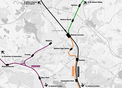 Kaart van spoorwegen rond het centrum van Watford