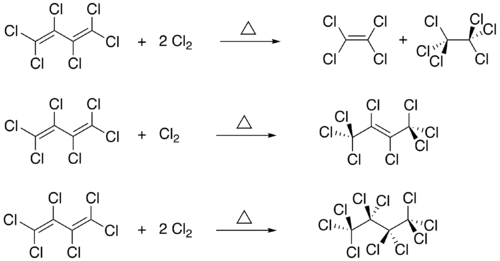 En üst: Tetrakloroetilen (C 2Cl 4) ve hekzakloroetan (C 2Cl 4) Orta: Oktakloro-2-büten (C 4Cl 8) En alt: Dekaklorobütan (C 4Cl 10)