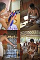 Four activities of a Hindu priest, clockwise from top left: (1) preparing the deity for public worship; (2) making sandalwood paste for ritual blessing; (3) successively dripping the altar with milk, honey, dry fruit, yoghurt, and bananas to make ambrosia; (4) distributing the Prasad, food viewed as blessed by the deity, to the worshipers.