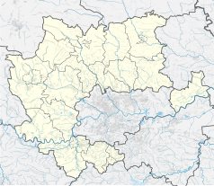 Mapa konturowa powiatu krakowskiego, na dole po lewej znajduje się punkt z opisem „Rusocice”