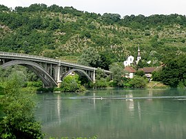 The church and bridge over the Rhône, in Lucey