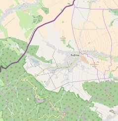 Mapa konturowa Radkowa, blisko centrum na prawo znajduje się punkt z opisem „Kościół Świętej Doroty”