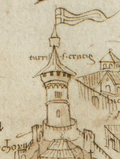 Ceneviz dönemindeki kulenin gerçeğe en yakın tasvirleri olarak kabul edilen Liber insularum Archipelagi'nin Marciana Millî Kütüphanesi (solda, 1420'ler-1430'lar) ve Düsseldorf Üniversite ve Eyalet Kütüphanesi (1485-1490) kopyalarındaki tasvirler