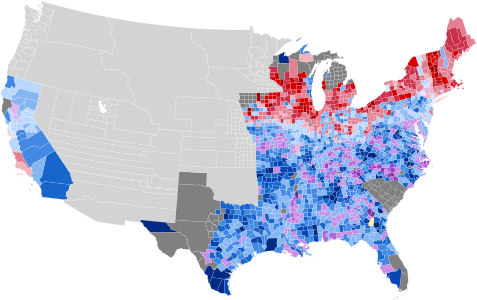 Results by county, shaded according to winning candidate's percentage of the vote