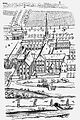 Die Kavalierperspektive ist nur annähernd verwirklicht, da die Objekte nach hinten kleiner werden. Zisterzienser-Abtei Cîteaux, Burgund Frankreich. Vor 1856.