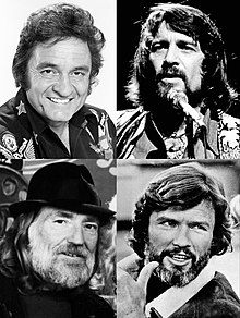 Clockwise from top left: Johnny Cash (1977), Waylon Jennings (1976), Kris Kristofferson (1985), and Willie Nelson (1978).