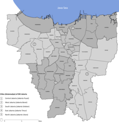 Mapa konturowa Dżakarty, w centrum znajduje się punkt z opisem „Gelora Bung Karno”