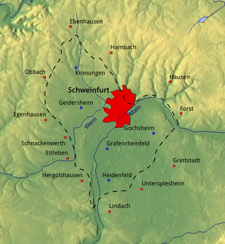 Schweinfurter Becken: blaue Dörfer liegen innerhalb, rote außerhalb des Beckens