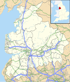 Mapa konturowa Lancashire, po lewej znajduje się punkt z opisem „Kirkham”