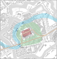 Ligging castellum Laurium, ingetekend op de stadsplattegrond van 2017. De vindplaatsen van de Romeinse schepen zijn aangegeven met blauwe stippen.