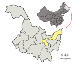 Location of Jiamusi City (yellow) in Heilongjiang (light grey)
