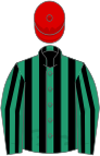 Emerald green and black stripes, red cap