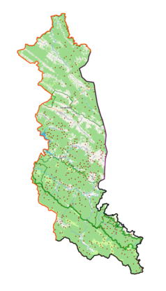 Mapa konturowa powiatu bieszczadzkiego, na dole po prawej znajduje się punkt z opisem „Sokoliki”