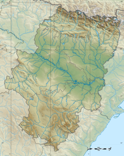 A map of Aragon, Spain with a mark indicating the location of Laguna de Gallocanta