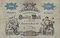 A badeni Badische Bank 1902-es 100 márkás bankjegyének előoldala. Mérete: 158 x 102 mm.