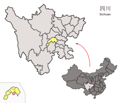 Location of Qingshen County (red) within Meishan City (yellow) and Sichuan