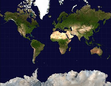 Merkatör projeksiyonu kullanılarak elde edilmiş bir dünya görüntüsü. (Üreten:Mdf)