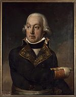 Painting of a man in a dark blue military coat of the 1790s with gold lace trim. He wears a white wig with hair curled at the ears and points to the viewer's right.