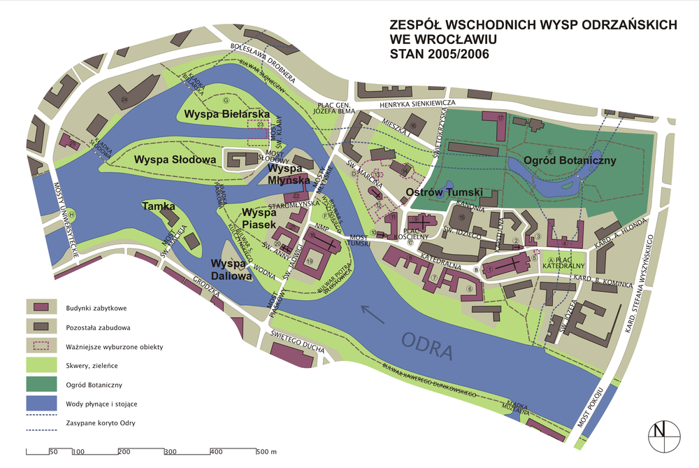 Wyspy w centrum Wrocławia: pośrodku Wyspa Piasek i poniżej most Piaskowy