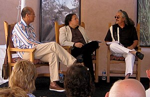 Gerald McMaster (left), Paul Chaat Smith (center), and Joseph Sanchez (right) in a panel discussion