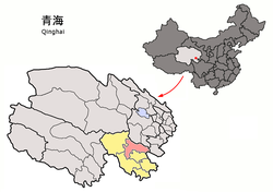 Maqên County (light red) within Golog Prefecture (yellow) and Qinghai