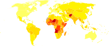 Afrika'da koyu kırmızı, Asya ve Güney Amerika'nın bir kısmında turuncu ve Avrupa ve Kuzey Amerika'da sarı rengin olduğu dünya haritası