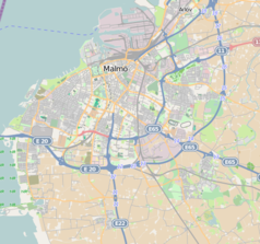 Mapa konturowa Malmö, blisko górnej krawiędzi nieco na prawo znajduje się punkt z opisem „Arlöv”