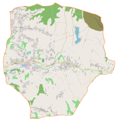 Mapa konturowa gminy Marklowice, u góry nieco na lewo znajduje się punkt z opisem „Parafia Narodzenia NMP”