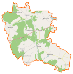 Mapa konturowa gminy Osina, blisko centrum po lewej na dole znajduje się punkt z opisem „Krzywice”