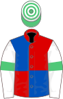 Red and royal blue (quartered), white sleeves, emerald green armlets, emerald green and white hooped cap