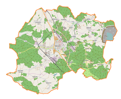 Mapa konturowa gminy Polkowice, w centrum znajduje się punkt z opisem „Stadion Miejski w Polkowicach”