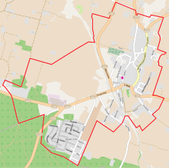 Mapa konturowa Skórcza, po prawej nieco u góry znajduje się punkt z opisem „Parafia Wszystkich Świętych w Skórczu”