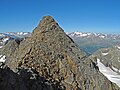 Blick von der Aussichtsplattform nach Südwesten zum Großen Isidor, der die Plattform um ca. 14 m überragt; rechts ganz hinten die Wildspitze