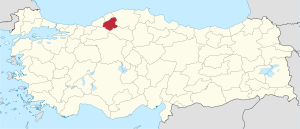 Karabük highlighted in red on a beige political map of Turkeym