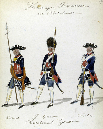 Oberst (mit Sponton), Grenadier und Füsilier der Schweizergarde 1750