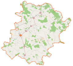 Mapa konturowa powiatu łosickiego, u góry nieco na prawo znajduje się punkt z opisem „Rozwadów”