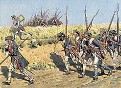 Preußische Infanterie auf dem Vormarsch in die Schlacht bei Zorndorf am 25. August 1758