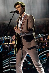 Shawn Mendes performing on guitar