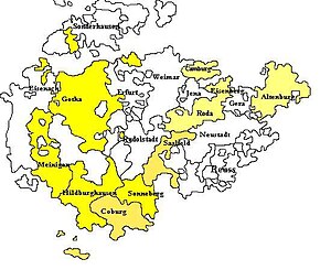 Thuringia, arătând teritoriile combinate ale Saxa-Gotha și Saxa-Altenburg din 1672, înainte să fie din nou divizată în 1680