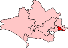 Map showing the location of the Bournemouth East constituency in Dorset under the boundaries created by the 2023 boundary review and first used at the 2024 general election.